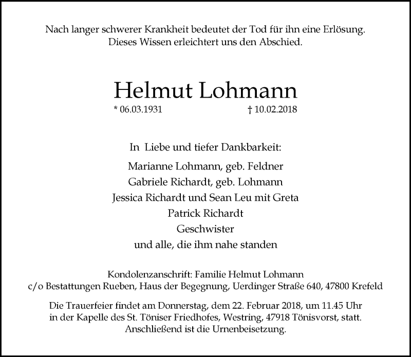  Traueranzeige für Helmut Lohmann vom 18.02.2018 aus trauer.mein.krefeld.de