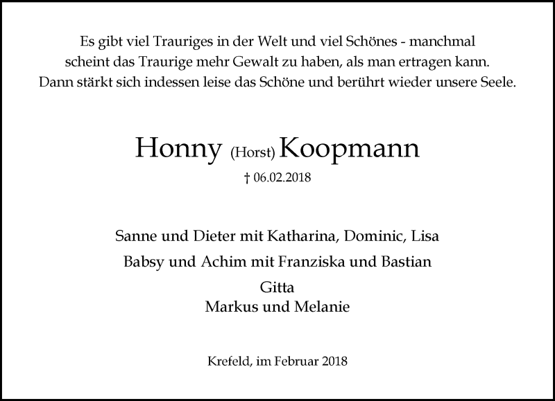 Traueranzeige für Honny Koopmann vom 25.02.2018 aus trauer.mein.krefeld.de