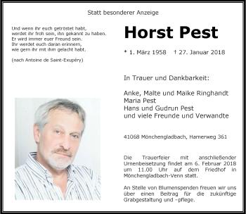 Traueranzeige von Horst Pest von trauer.extra-tipp-moenchengladbach.de