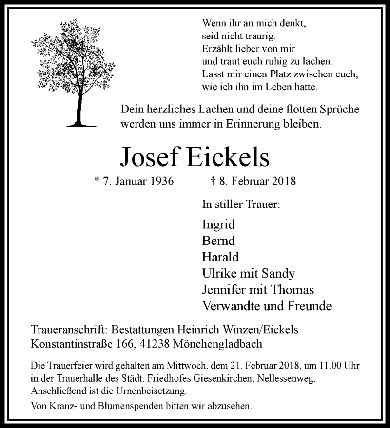  Traueranzeige für Josef Eickels vom 18.02.2018 aus trauer.extra-tipp-moenchengladbach.de