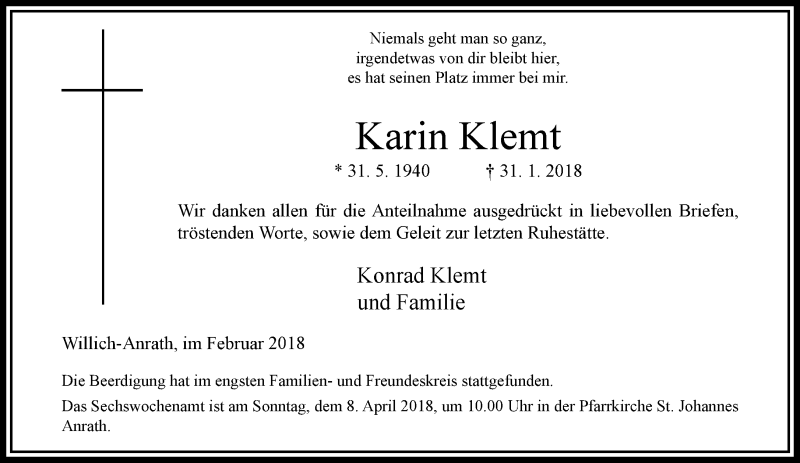  Traueranzeige für Karin Klemt vom 28.02.2018 aus trauer.extra-tipp-moenchengladbach.de