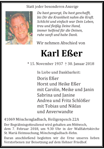 Traueranzeige von Karl Eßer von trauer.extra-tipp-moenchengladbach.de