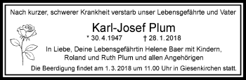 Traueranzeige von Karl-Josef Plum von trauer.extra-tipp-moenchengladbach.de