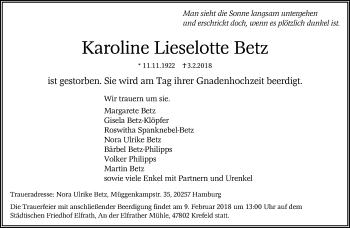 Traueranzeige von Karoline Lieselotte Betz von trauer.mein.krefeld.de