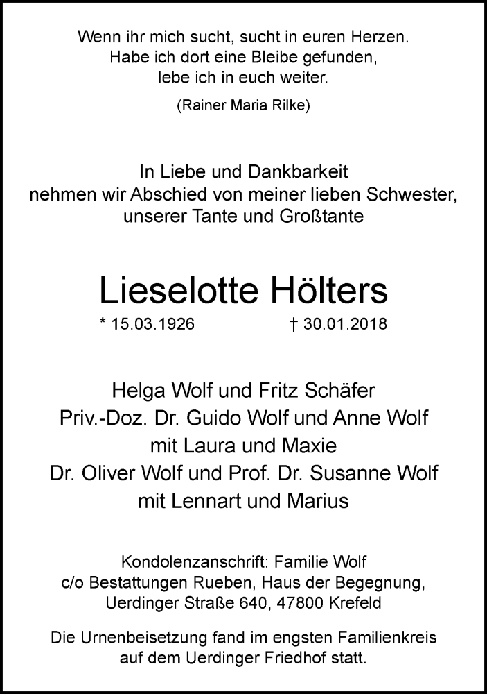  Traueranzeige für Lieselotte Hölters vom 18.02.2018 aus trauer.mein.krefeld.de