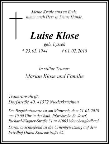 Traueranzeige von Luise Klose von trauer.extra-tipp-moenchengladbach.de