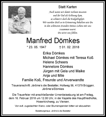 Traueranzeige von Manfred Dömkes von trauer.extra-tipp-moenchengladbach.de