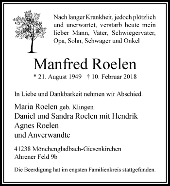 Traueranzeige von Manfred Roelen von trauer.extra-tipp-moenchengladbach.de