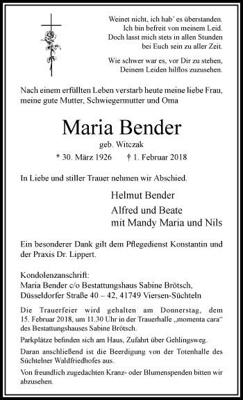 Traueranzeige von Maria Bender von trauer.extra-tipp-moenchengladbach.de