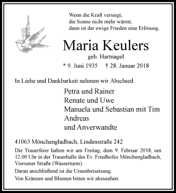 Traueranzeige von Maria Keulers von trauer.extra-tipp-moenchengladbach.de
