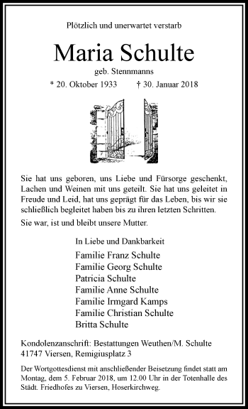 Traueranzeige von Maria Schulte von trauer.extra-tipp-moenchengladbach.de