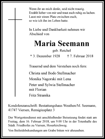 Traueranzeige von Maria Seemann von trauer.extra-tipp-moenchengladbach.de