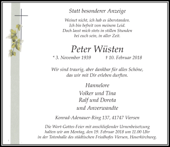 Traueranzeige von Peter Wüsten von trauer.extra-tipp-moenchengladbach.de