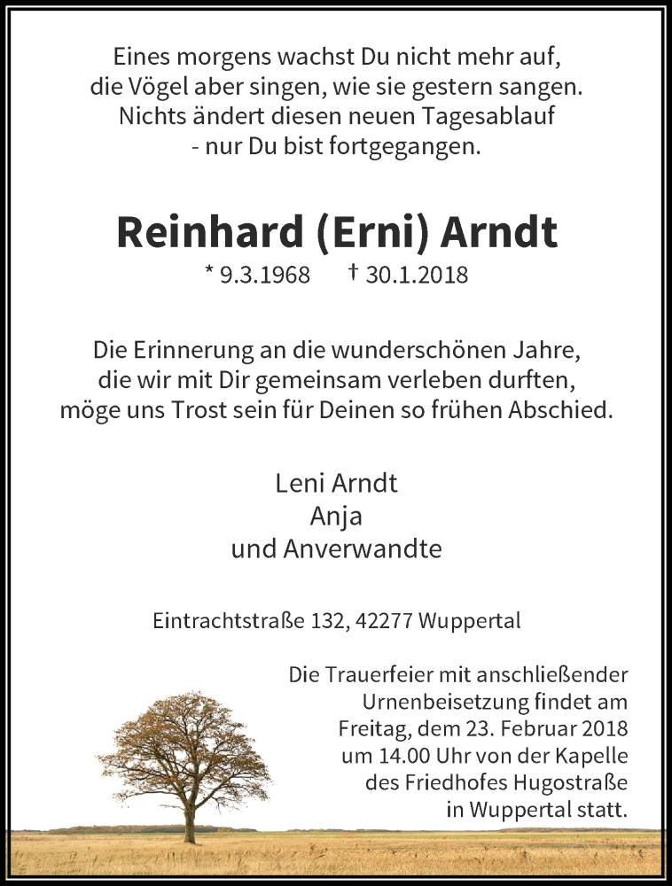  Traueranzeige für Reinhard Erni Arndt vom 17.02.2018 aus trauer.wuppertaler-rundschau.de