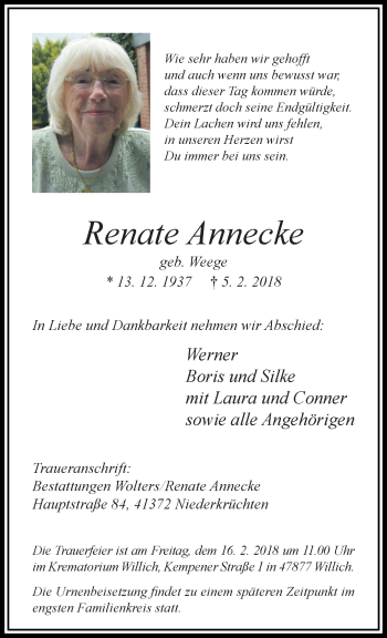 Traueranzeige von Renate Annecke von trauer.extra-tipp-moenchengladbach.de
