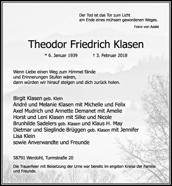 Traueranzeige von Theodor Friedrich Klasen von trauer.extra-tipp-moenchengladbach.de