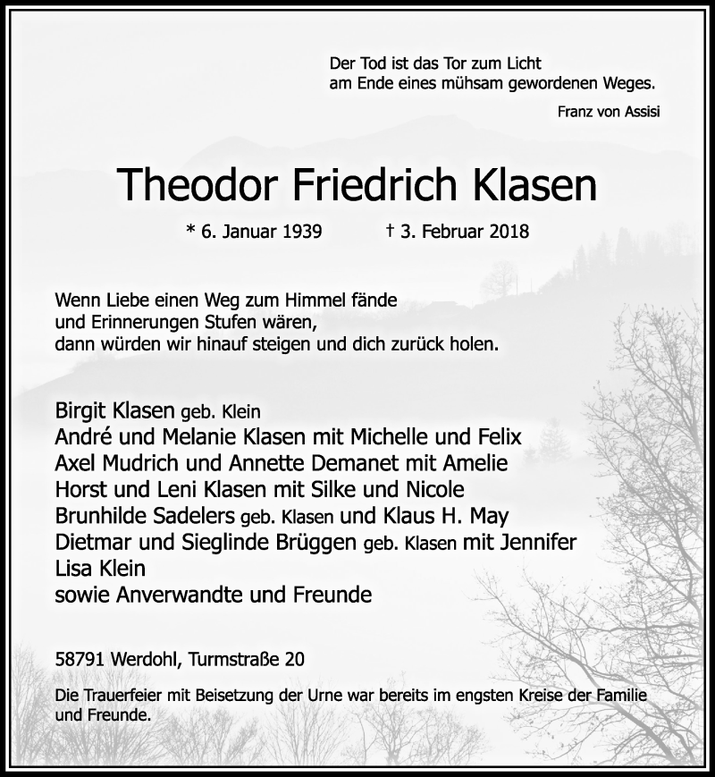  Traueranzeige für Theodor Friedrich Klasen vom 18.02.2018 aus trauer.extra-tipp-moenchengladbach.de