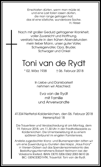 Traueranzeige von Toni van de Rydt von trauer.extra-tipp-moenchengladbach.de