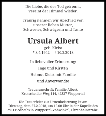 Traueranzeige von Ursula Albert von trauer.wuppertaler-rundschau.de
