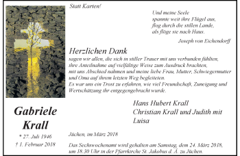 Traueranzeige von Gabriele Krall von trauer.stadt-kurier.de