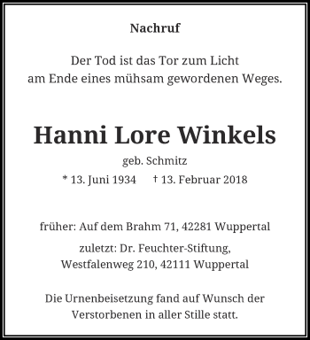 Traueranzeige von Hanni Lore Winkels von trauer.wuppertaler-rundschau.de
