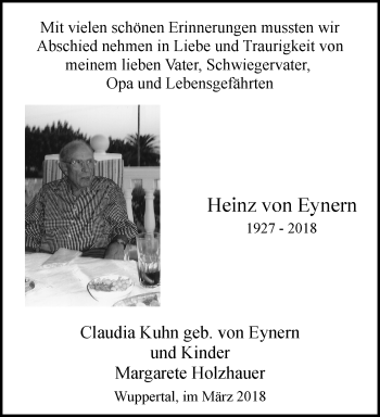 Traueranzeige von Heinz von Eynern von trauer.wuppertaler-rundschau.de