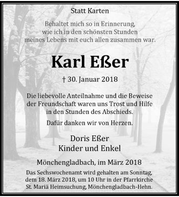 Traueranzeige von Karl Eßer von trauer.extra-tipp-moenchengladbach.de
