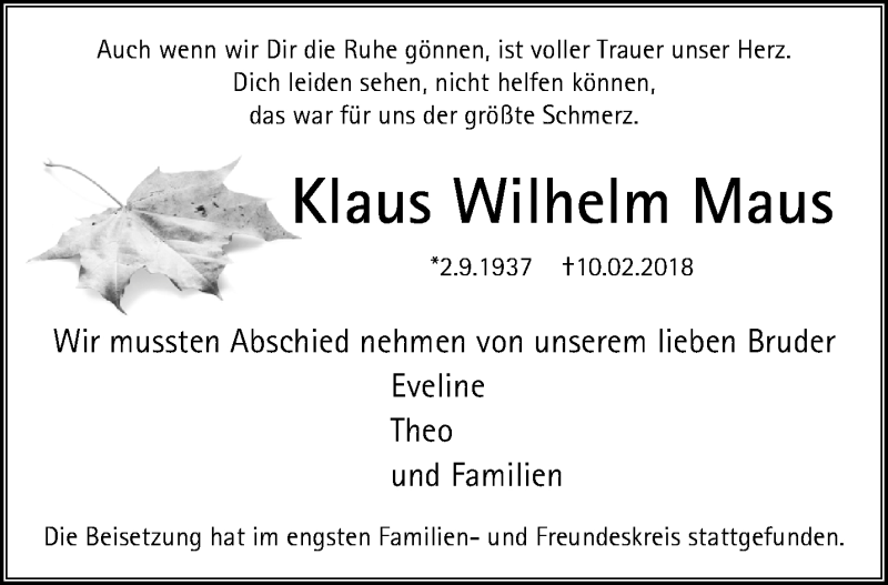  Traueranzeige für Klaus Wilhelm Maus vom 04.03.2018 aus trauer.mein.krefeld.de