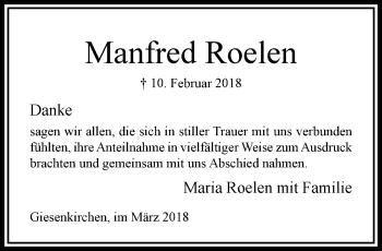 Traueranzeige von Manfred Roelen von trauer.extra-tipp-moenchengladbach.de