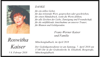Traueranzeige von Roswitha Kaiser von trauer.extra-tipp-moenchengladbach.de