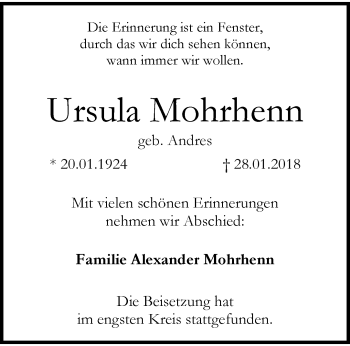 Traueranzeige von Ursula Mohrhenn von trauer.wuppertaler-rundschau.de
