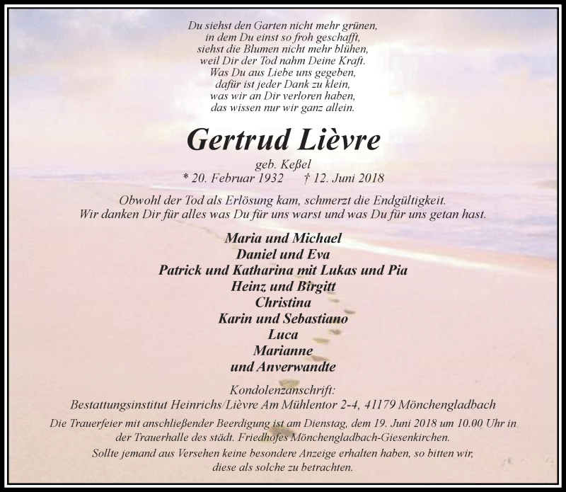  Traueranzeige für Gertrud Lièvre vom 17.06.2018 aus trauer.extra-tipp-moenchengladbach.de