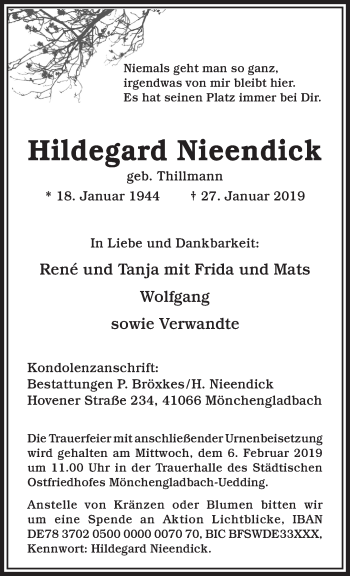 Traueranzeige von Hildegard Nieendick von trauer.extra-tipp-moenchengladbach.de