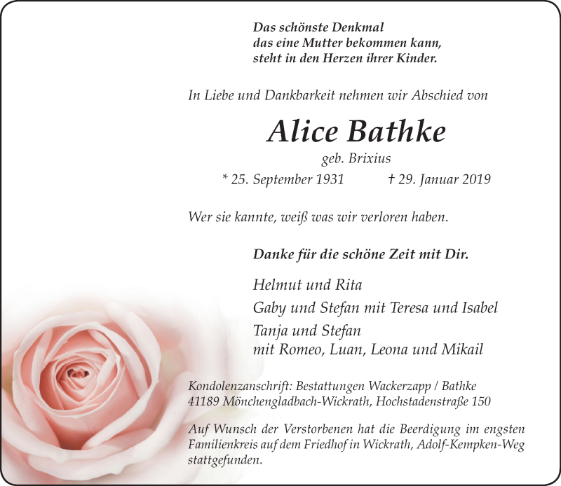  Traueranzeige für Alice Bathke vom 10.02.2019 aus trauer.extra-tipp-moenchengladbach.de