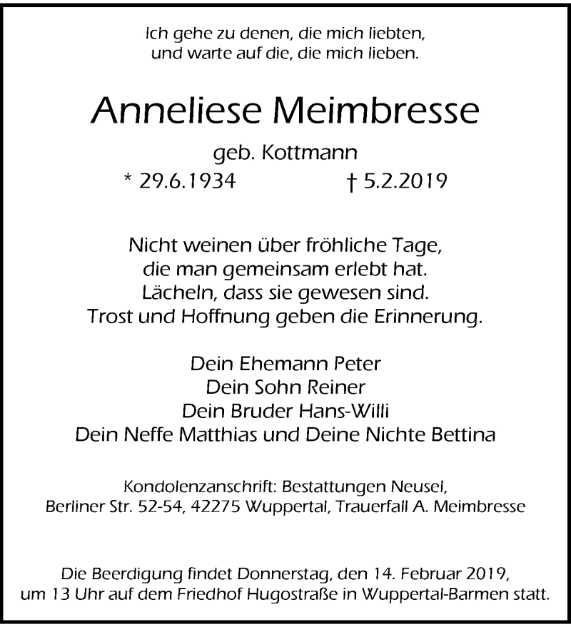  Traueranzeige für Anneliese Meimbresse vom 13.02.2019 aus trauer.wuppertaler-rundschau.de