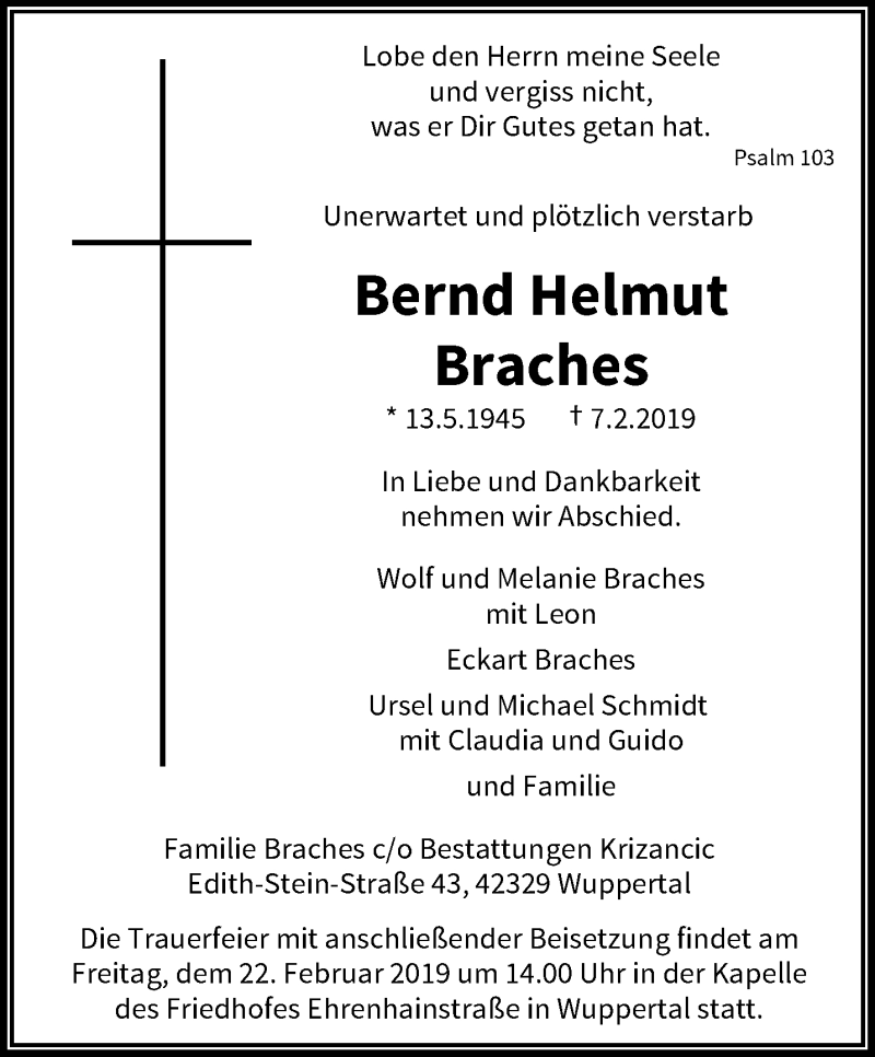 Traueranzeige für Bernd Helmut Braches vom 16.02.2019 aus trauer.wuppertaler-rundschau.de