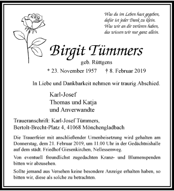 Traueranzeige von Birgit Tümmers von trauer.extra-tipp-moenchengladbach.de