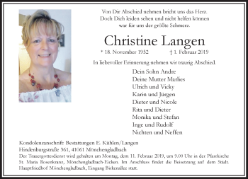 Traueranzeige von Christine Langen von trauer.extra-tipp-moenchengladbach.de
