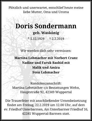 Traueranzeige von Doris Sondermann von trauer.wuppertaler-rundschau.de