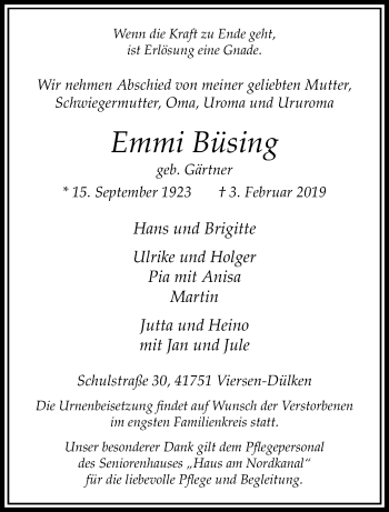Traueranzeige von Emmi Büsing von trauer.extra-tipp-moenchengladbach.de
