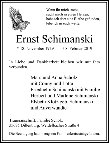 Traueranzeige von Ernst Schimanski von trauer.extra-tipp-moenchengladbach.de