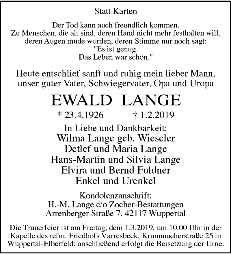  Traueranzeige für Ewald Lange vom 23.02.2019 aus trauer.wuppertaler-rundschau.de