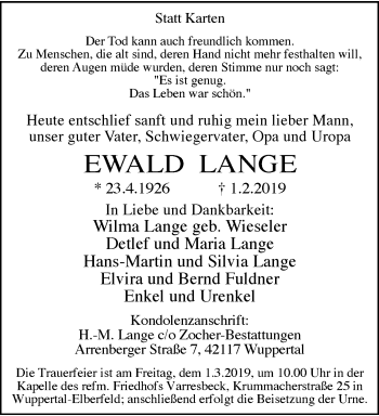 Traueranzeige von Ewald Lange von trauer.wuppertaler-rundschau.de