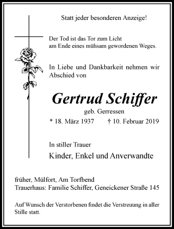 Traueranzeige von Gertrud Schiffer von trauer.extra-tipp-moenchengladbach.de