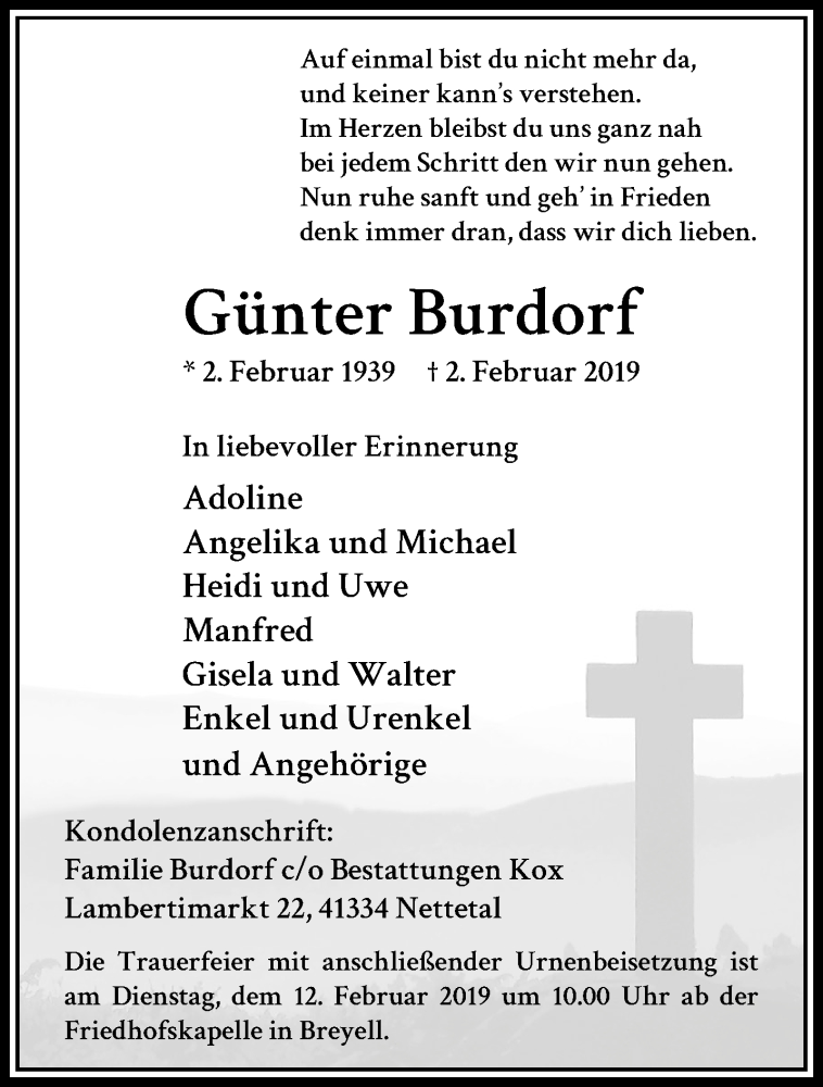  Traueranzeige für Günter Burdorf vom 10.02.2019 aus trauer.extra-tipp-moenchengladbach.de