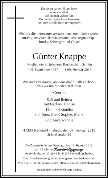 Traueranzeige von Günter Knappe von trauer.extra-tipp-moenchengladbach.de