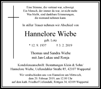 Traueranzeige von Hannelore Wiebe von trauer.wuppertaler-rundschau.de