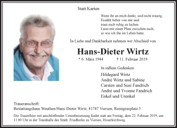 Traueranzeige von Hans-Dieter Wirtz von trauer.extra-tipp-moenchengladbach.de