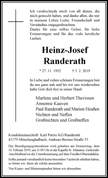Traueranzeige von Heinz-Josef Randerath von trauer.extra-tipp-moenchengladbach.de
