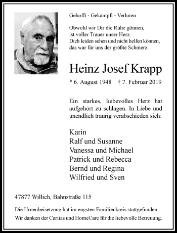 Traueranzeige von Heinz Josef Krapp von trauer.extra-tipp-moenchengladbach.de